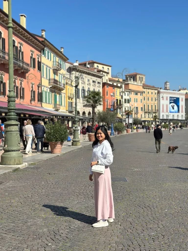 Verona piazza Piazza Bra wide view with colorful buildings and cobblestone square