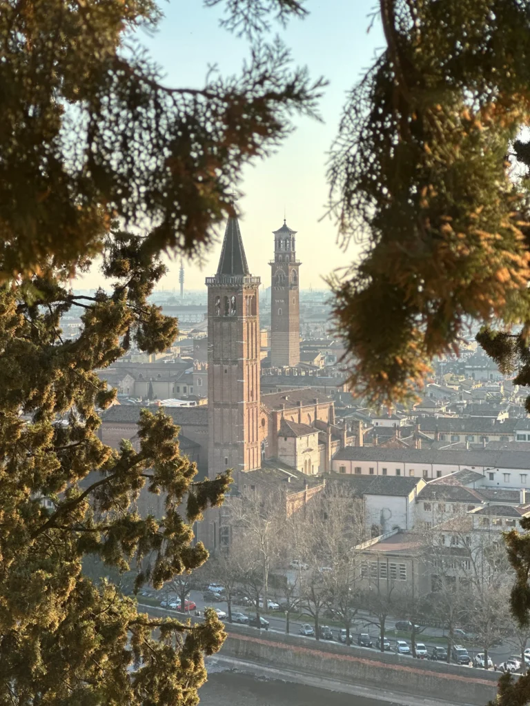 A scenic view of Verona framed by tree branches, highlighting two tall brick bell towers rising above the city’s rooftops in the warm glow of sunset.