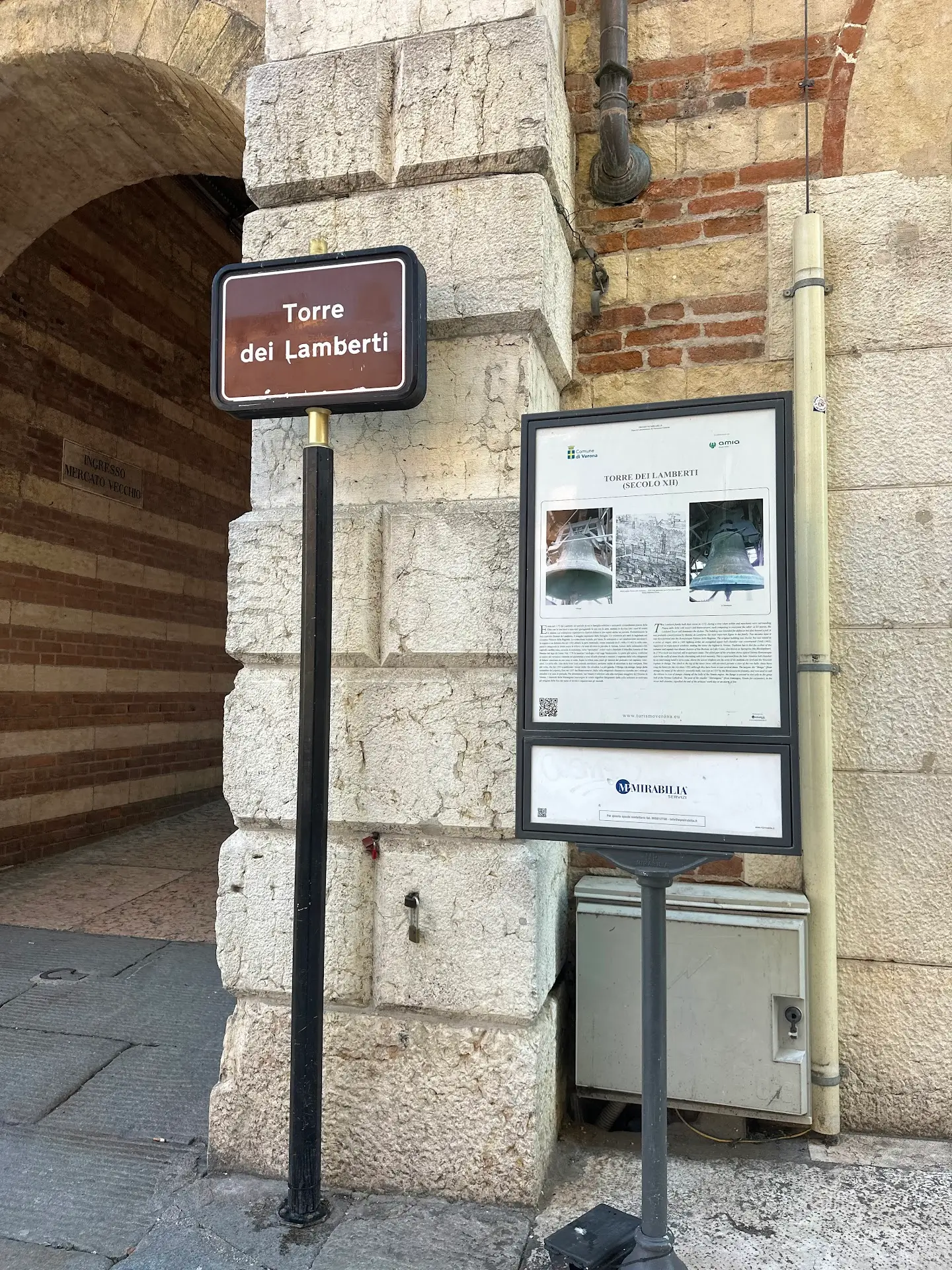 Entrance sign for Torre dei Lamberti near Piazza delle Erbe in Verona.