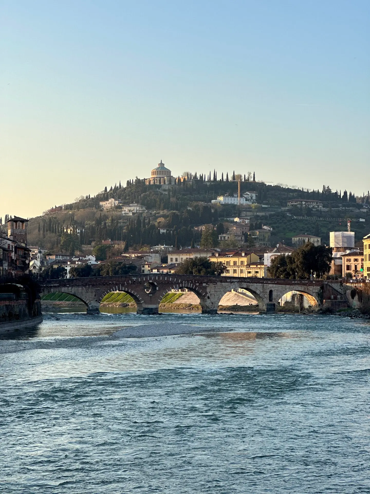 Ponte Pietra Verona with Adige River and hilltop view toward Castel San Pietro