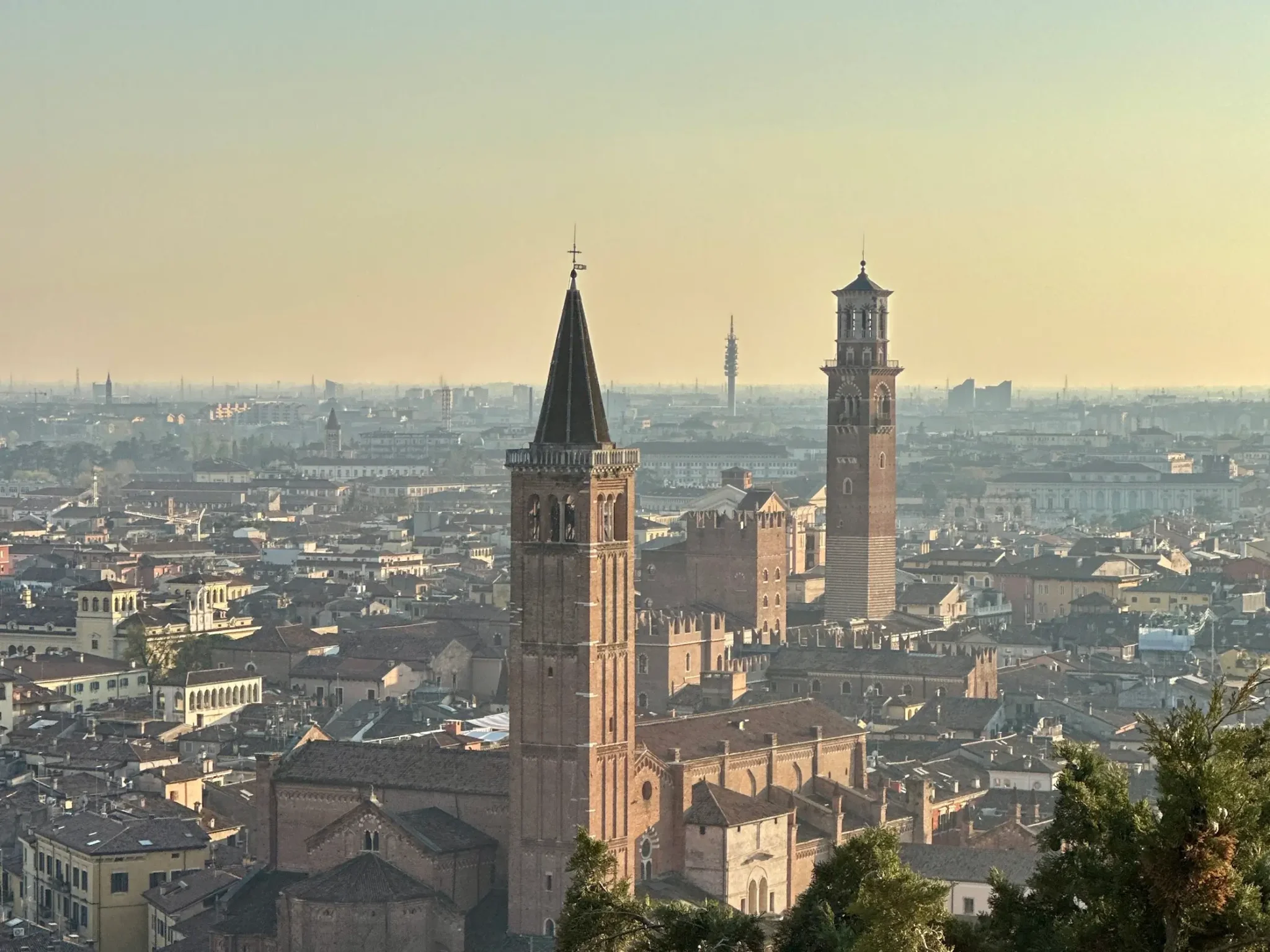 Bologna city center skyline with medieval towers and terracotta rooftops viewed from San Michele in Bosco.