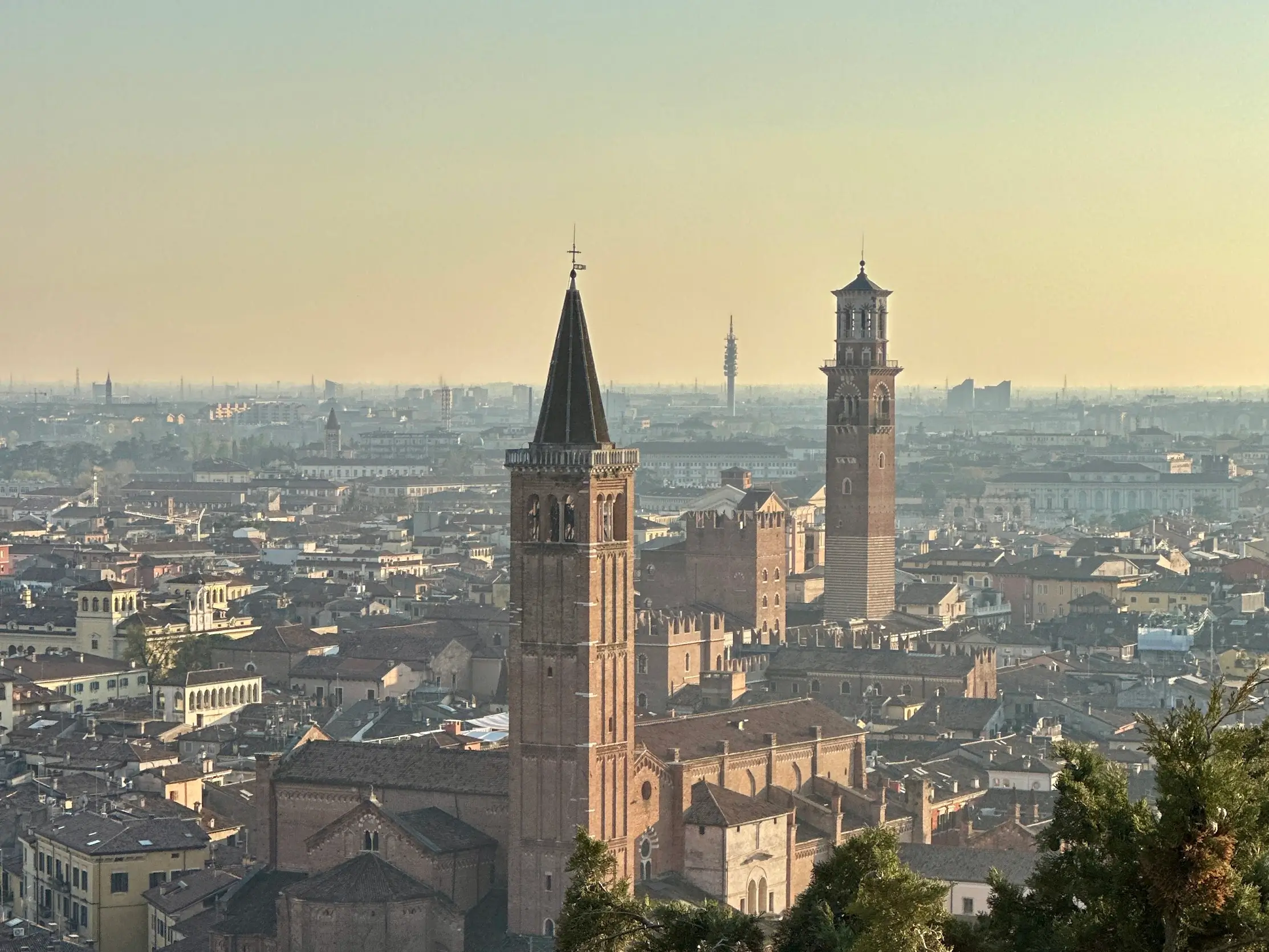 Bologna city center skyline with medieval towers and terracotta rooftops viewed from San Michele in Bosco.