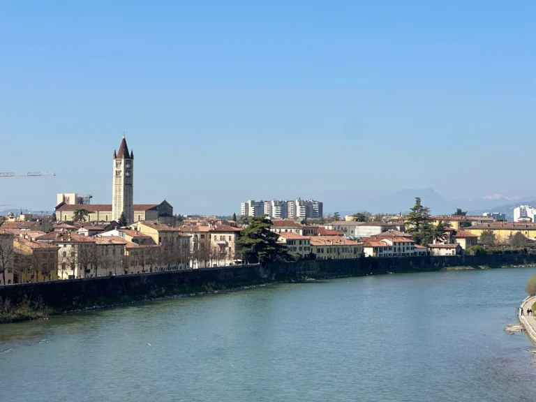 Veronetta Verona view from Ponte Pietra with Adige River and historic buildings
